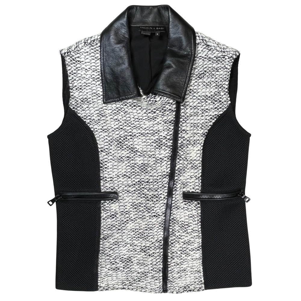 Sachin & Babi Mixed Media Vest Women 8 Black White Leather Collar Zip Moto